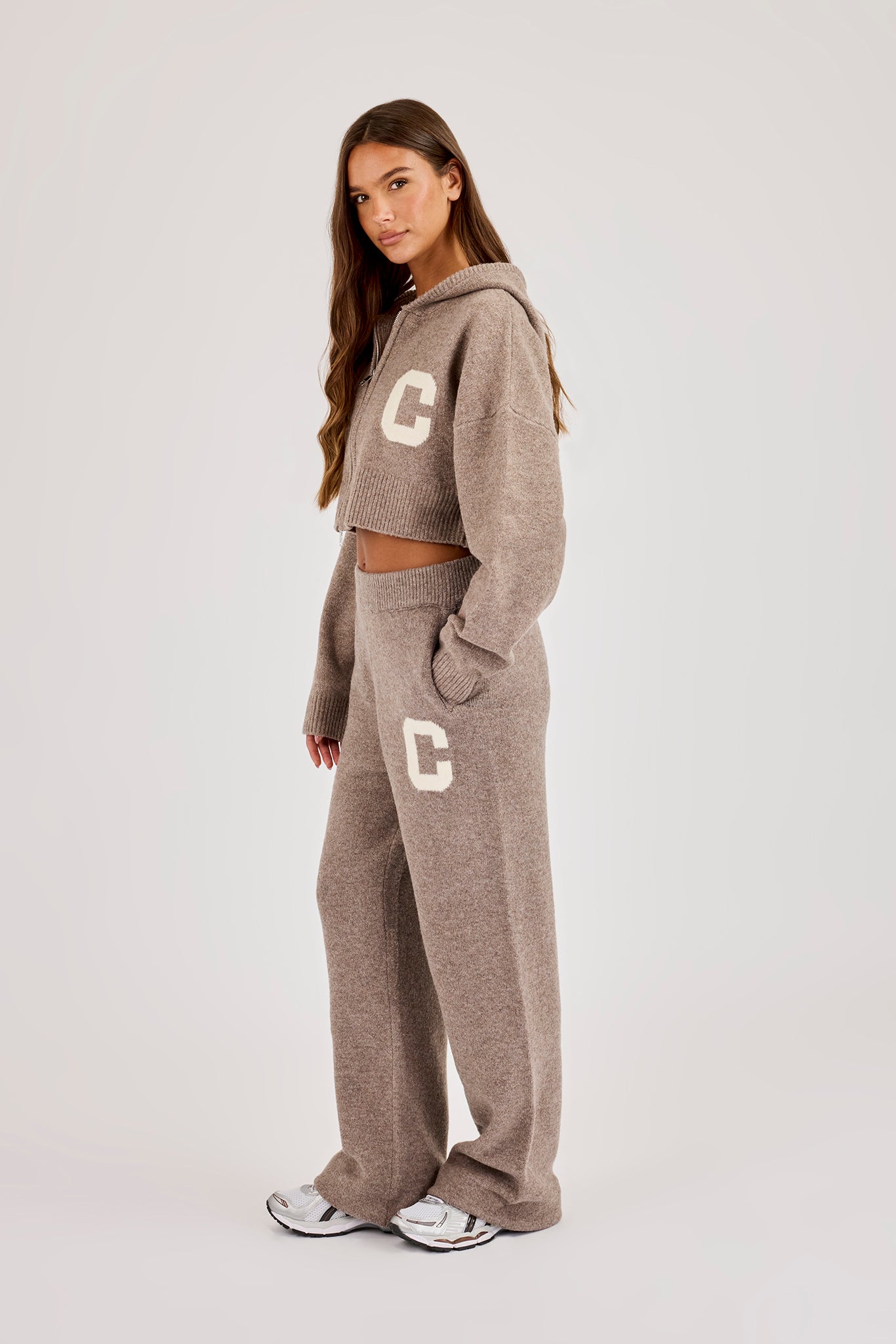 C Intarsia Cropped Zip Through Hoodie & Jogger - Taupe
